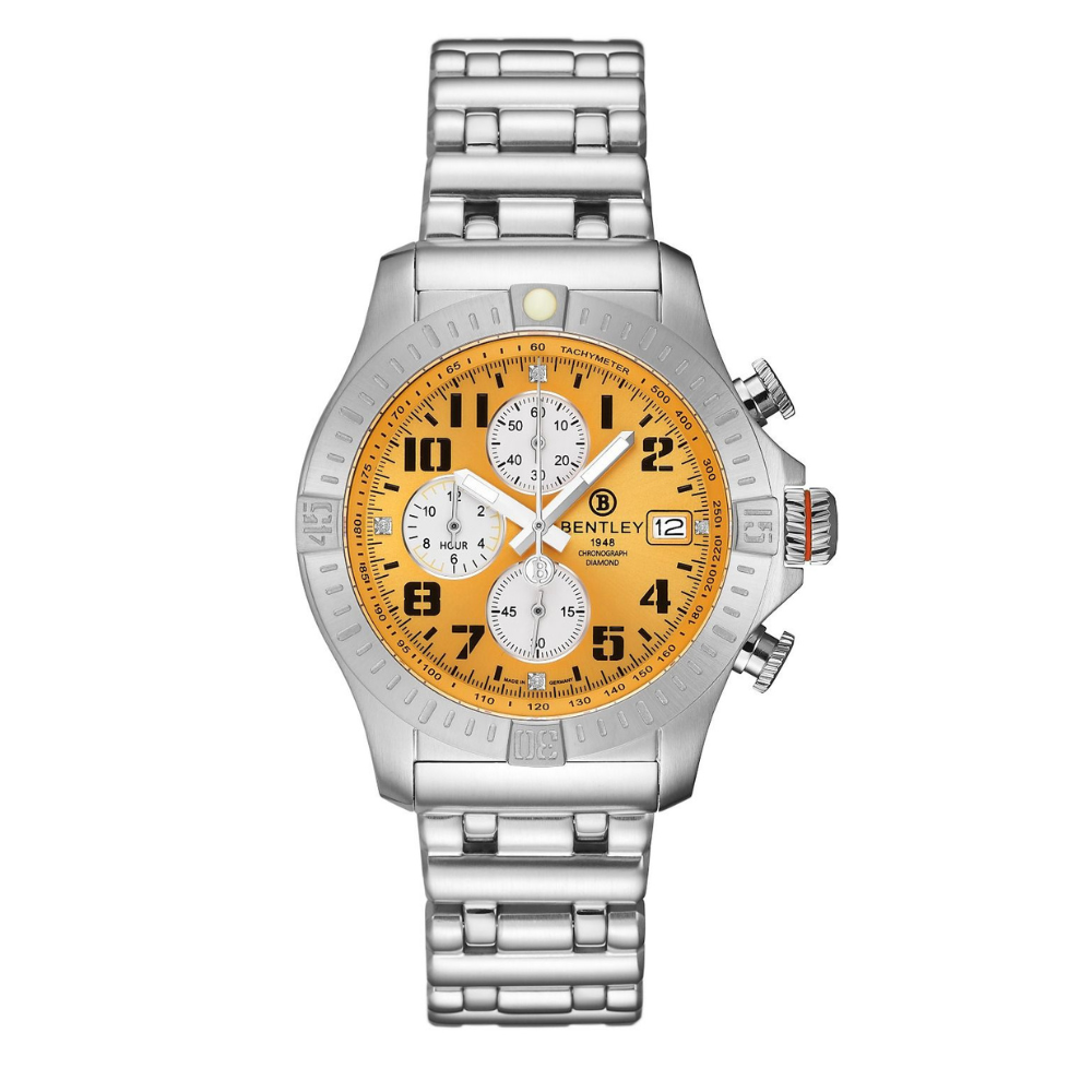 Yellow | Silver watch with a yellow face on a white background