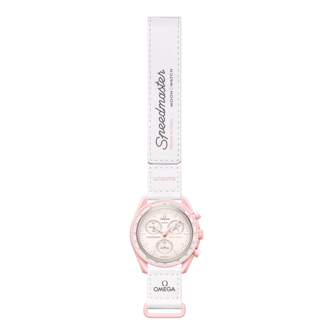 Omega x Swatch Speedmaster MoonSwatch Mission to Venus full length view with branded strap – Salam Luxury