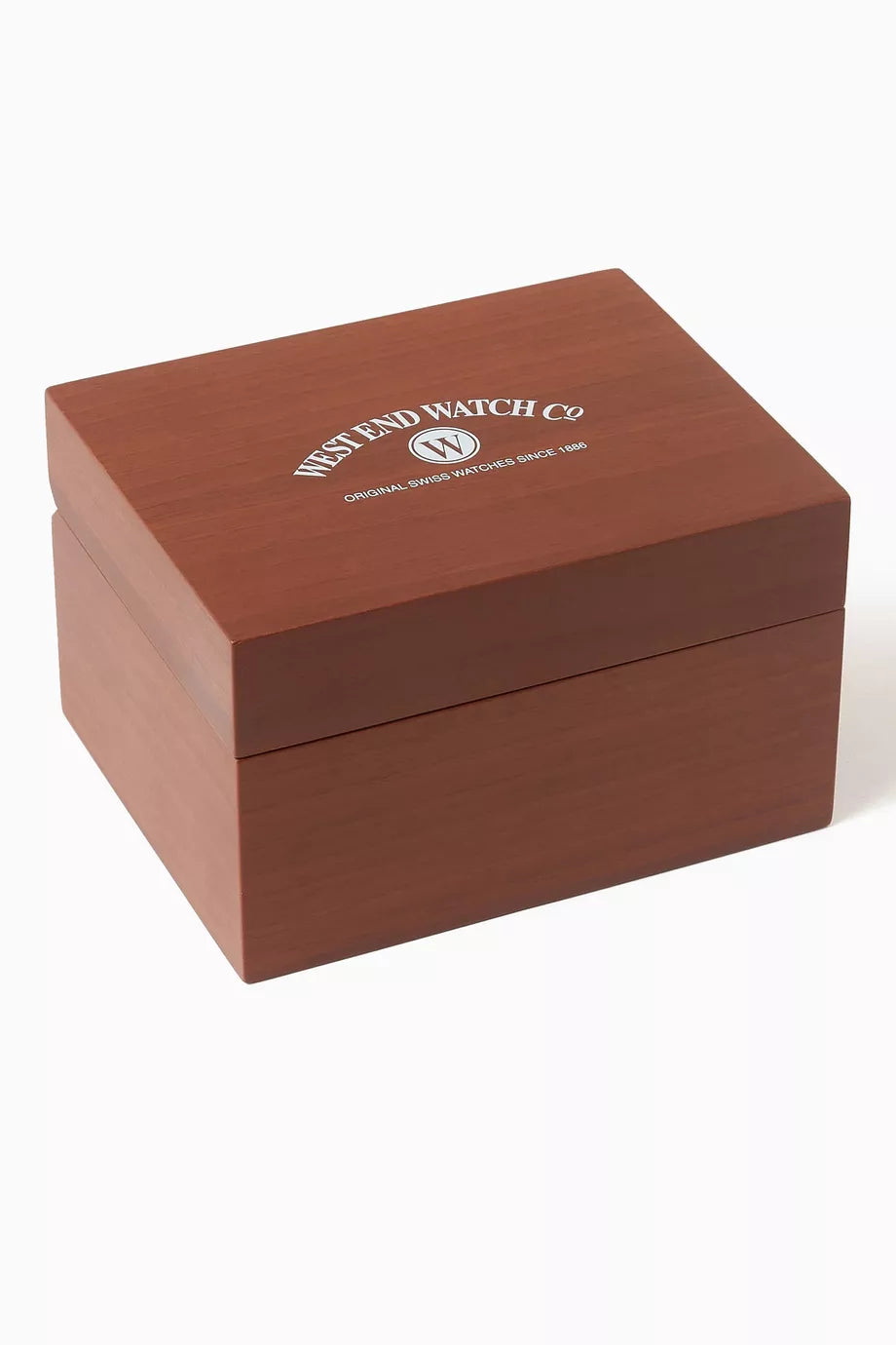 Wooden watch box with West End Watch Co logo on a white background