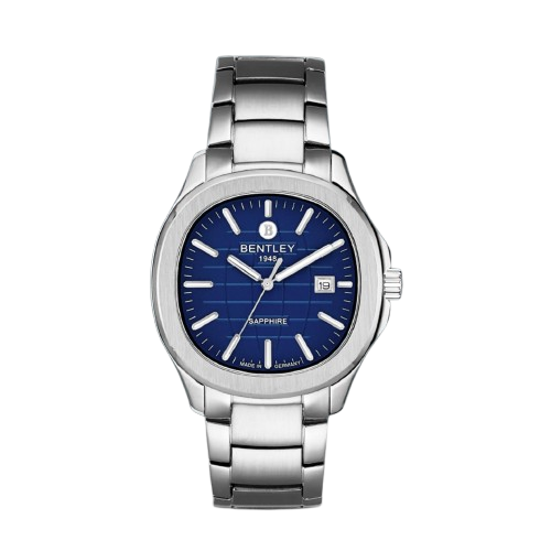 Silver Bentley watch with a blue dial on a white background Salam Luxury