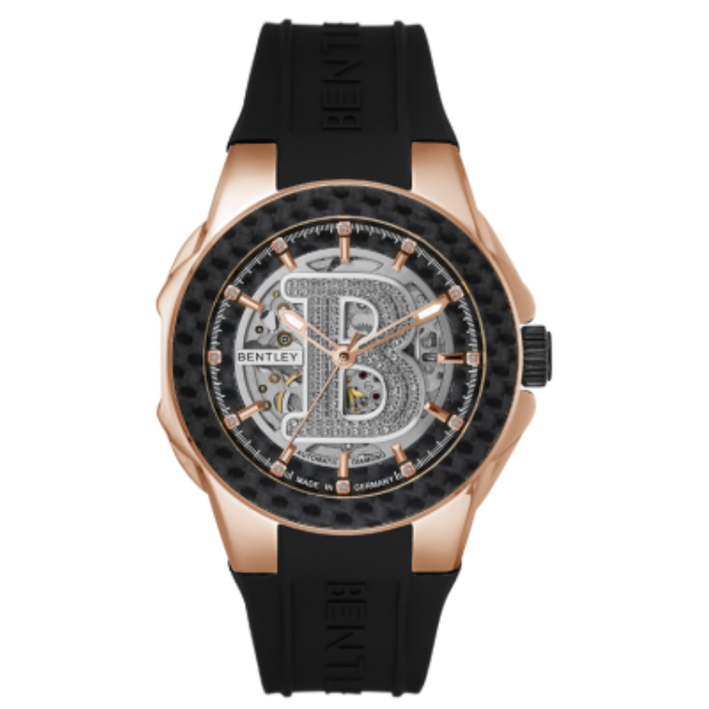 Bentley watch with black strap and rose gold case on white background
salam Luxury