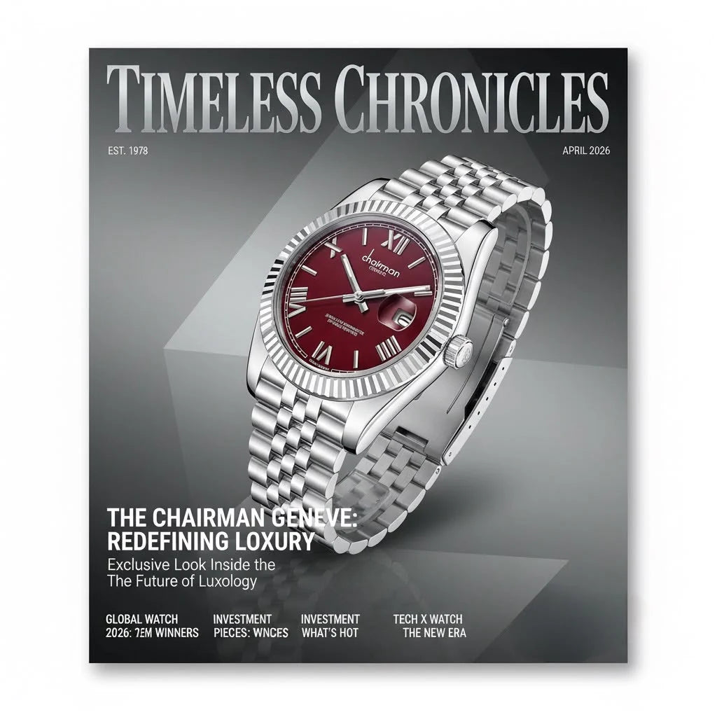 Magazine cover titled 'Timeless Chronicles' featuring a silver watch with a red face.
Salam Luxury