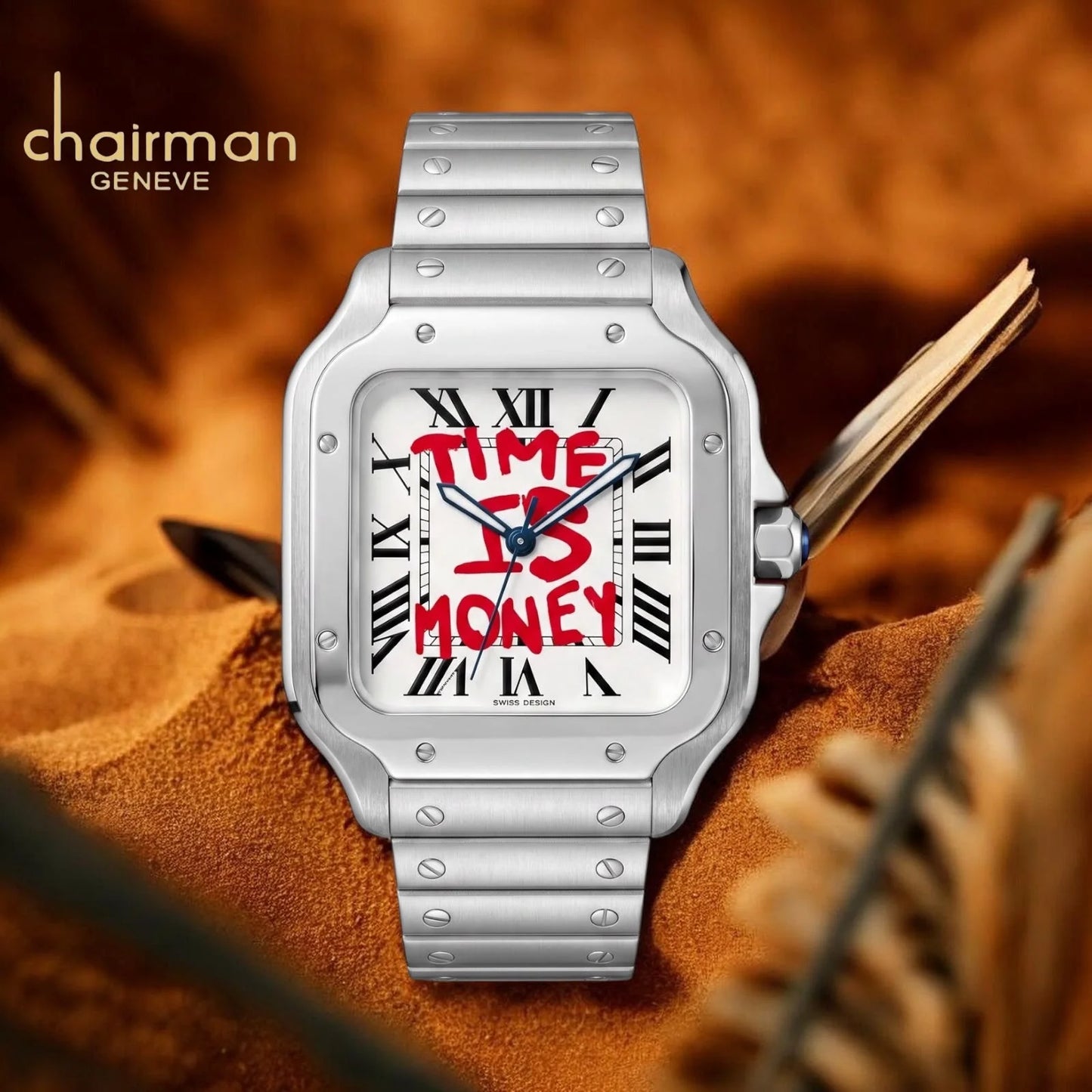 White | Chairman Geneve watch with 'Time is Money' text on a textured surface
Salam Luxury