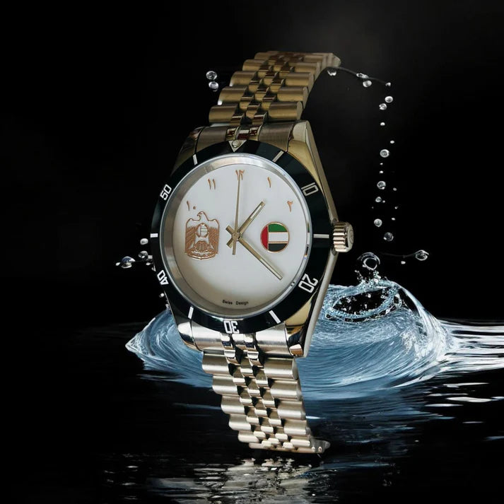 Gold watch with water droplets and a dark background
Salam Luxury