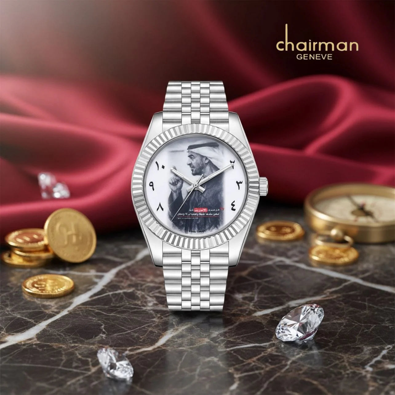 Silver watch with a unique face design on a marble surface with gold coins and diamonds, branded 'Chairman Geneve'.
Salam Luxury