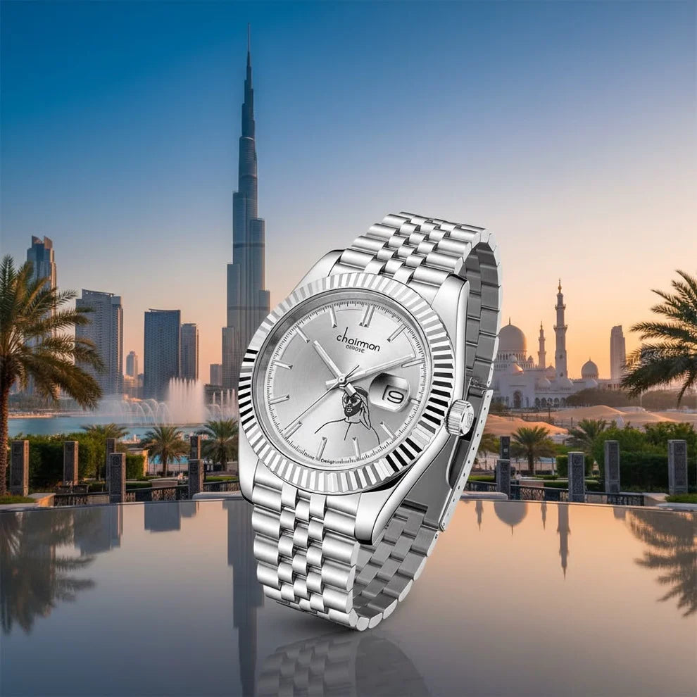 Silver watch with a city skyline featuring the Burj Khalifa in the background.
Salam Luxury