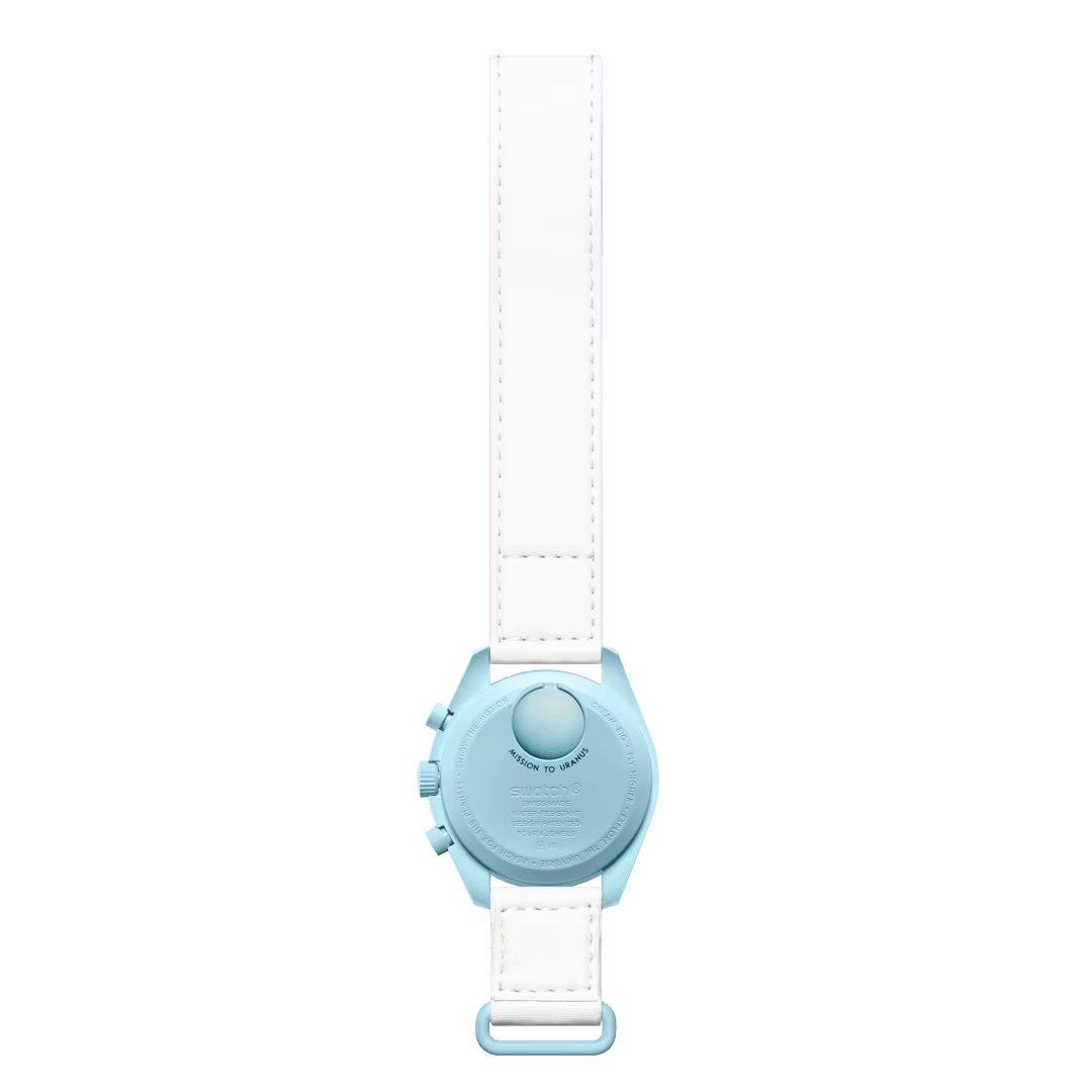 Back case design of Omega x Swatch Bioceramic MoonSwatch Mission to Uranus showing planet graphic – Salam Luxury