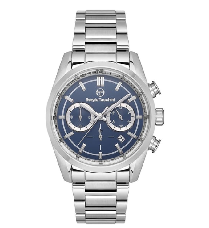 Silver watch with blue face on a white background
Salam Luxury