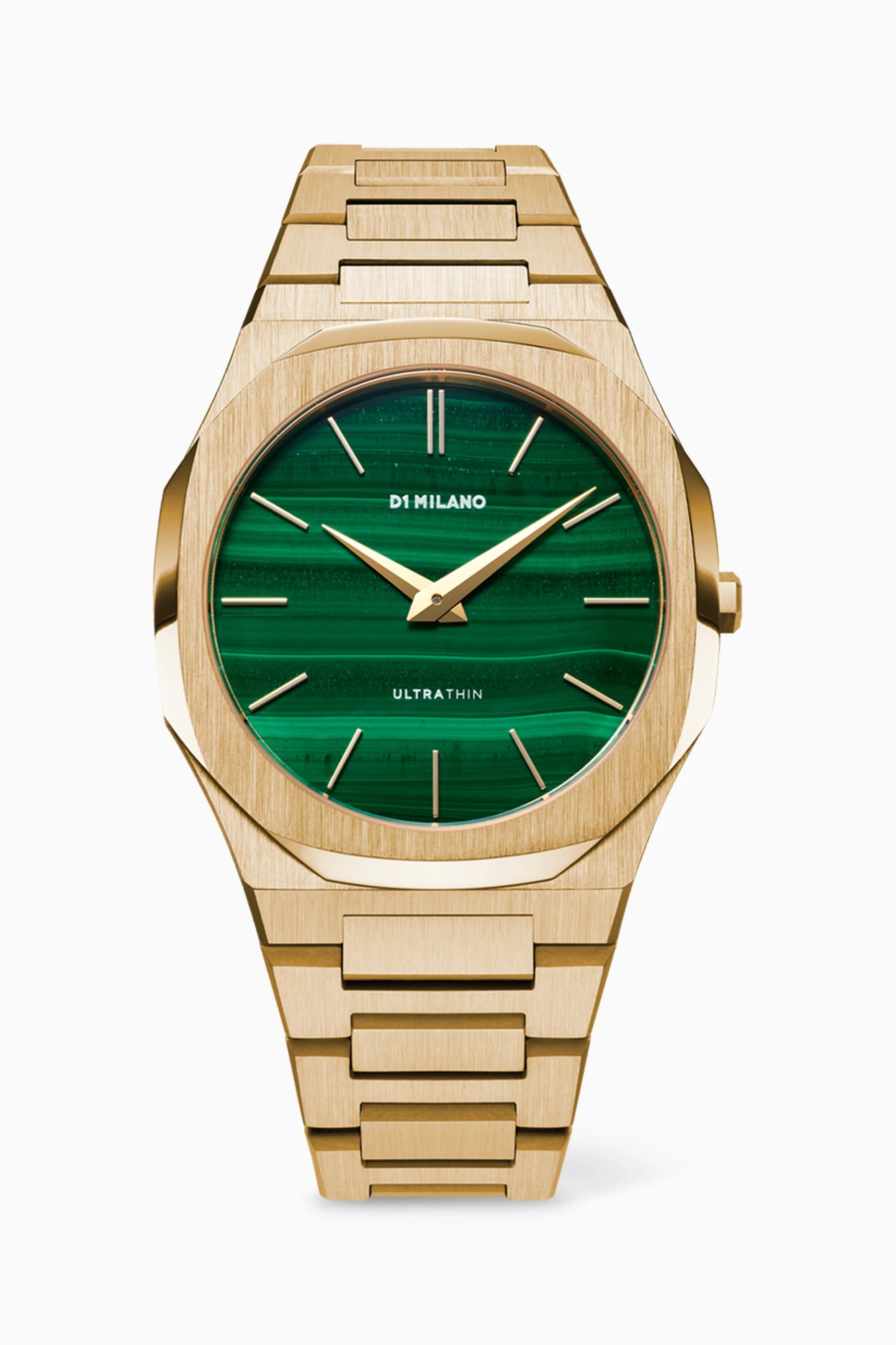 Gold watch with green face on a white background
Salam Watch