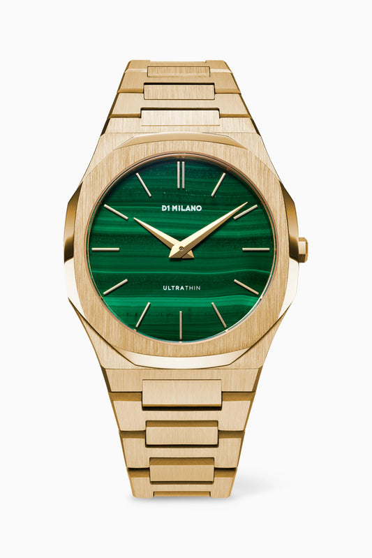 Gold watch with green face on a white background
Salam Watch