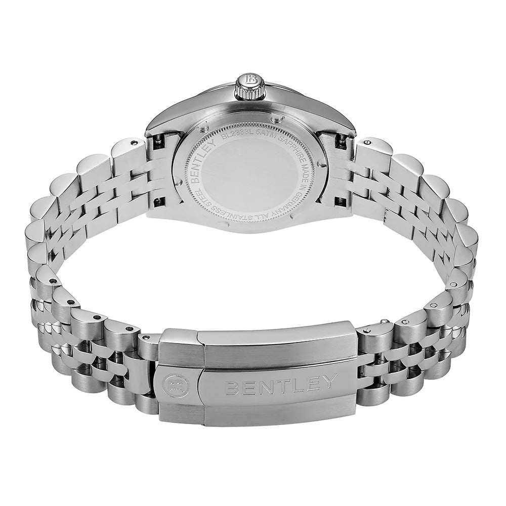 Silver Bentley watch with a detailed metal band on a white background