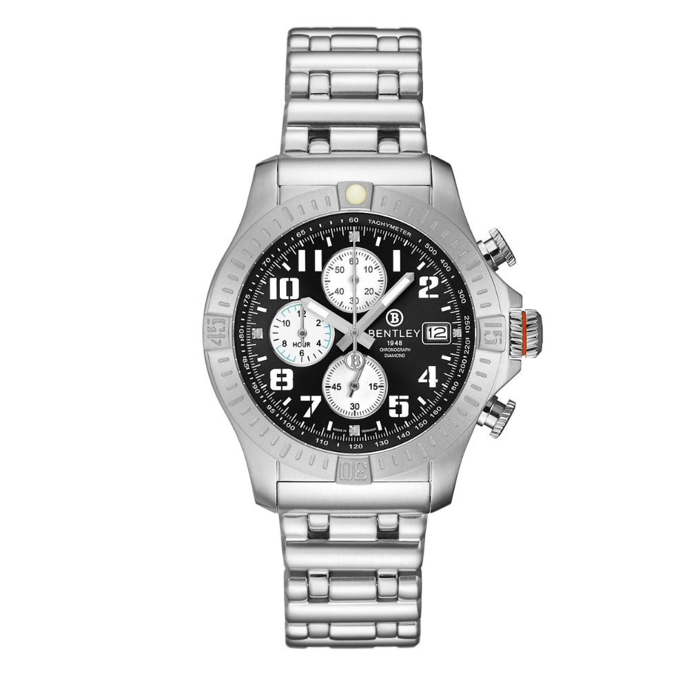 Black | Silver Bentley watch with a black dial on a white background
Salam Luxury