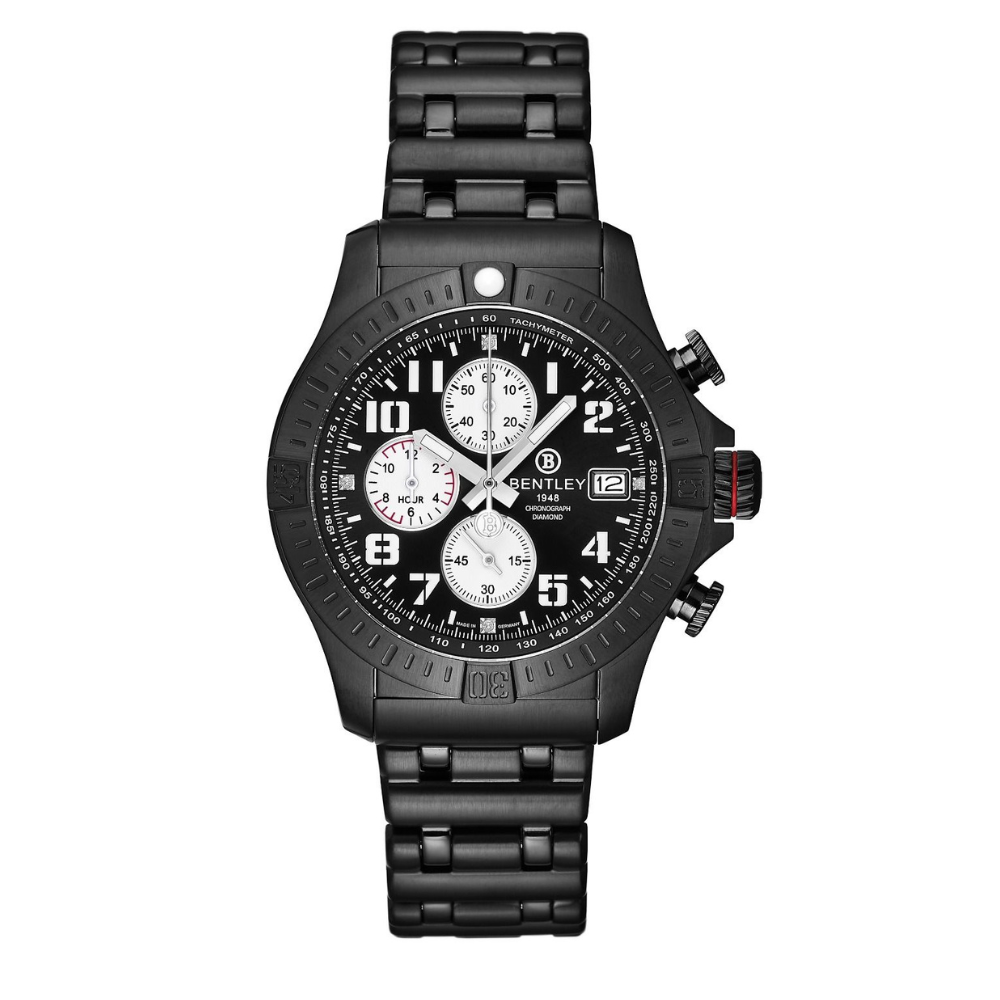 Full Black | Bentley watch with multiple sub-dials on a white background