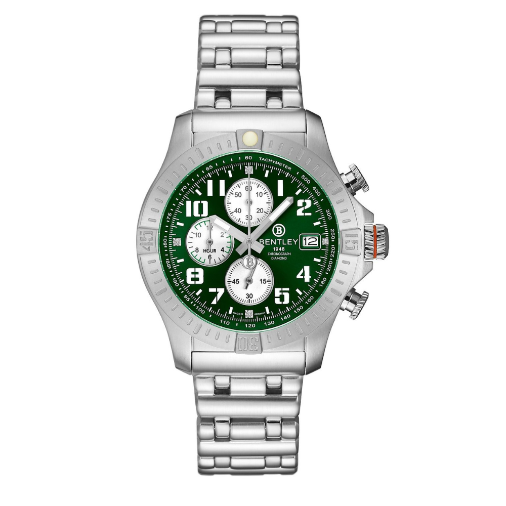 Green | Silver watch with a green face on a white background