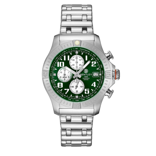 Green | Silver watch with a green face on a white background