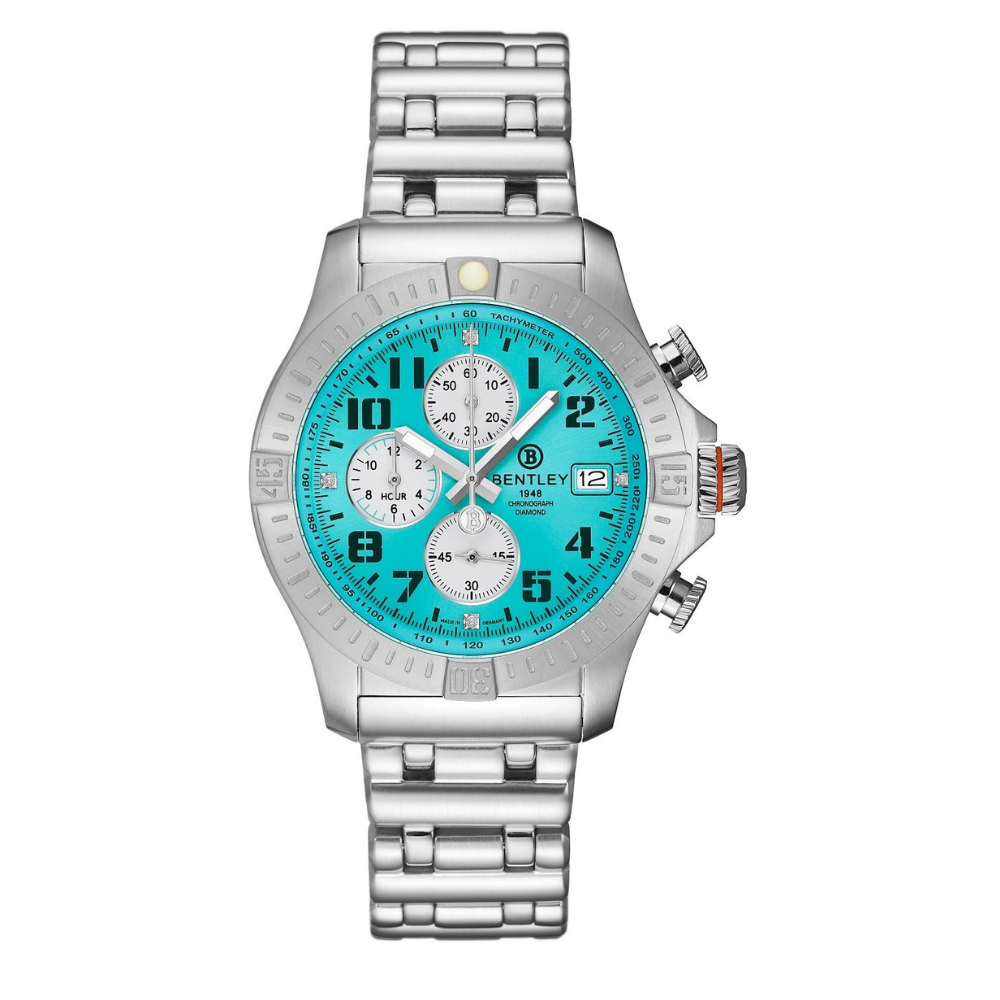 Tiffany | Silver watch with a turquoise face on a white background