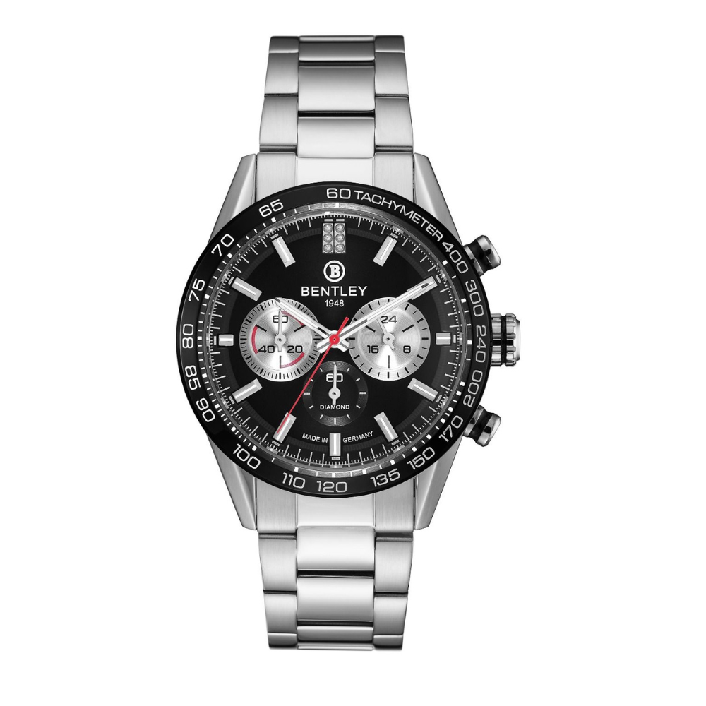 Black | Bentley watch with black dial and silver bracelet on a white background Salam Luxury

