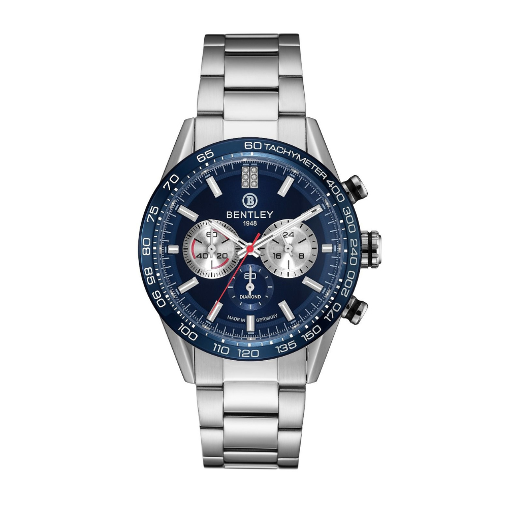 Blue | Bentley watch with blue dial and silver bracelet on a white background
Salam Luxury
