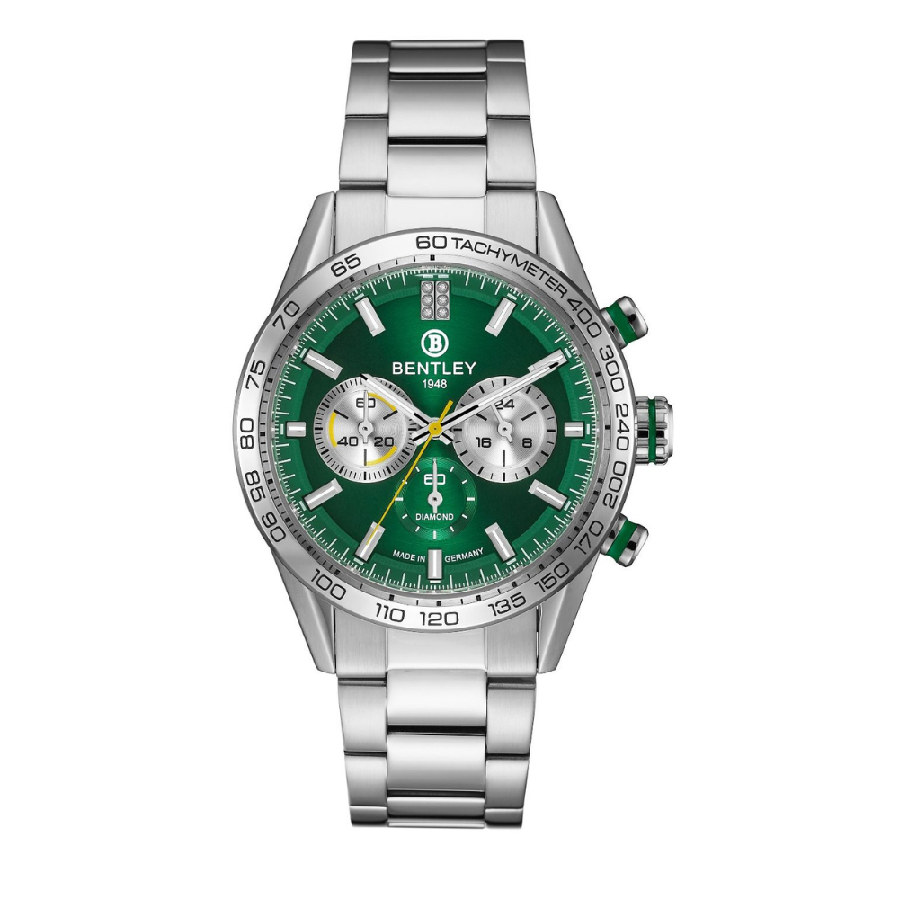 Green | Bentley watch with green face and silver strap on a white background Salam Luxury UAE