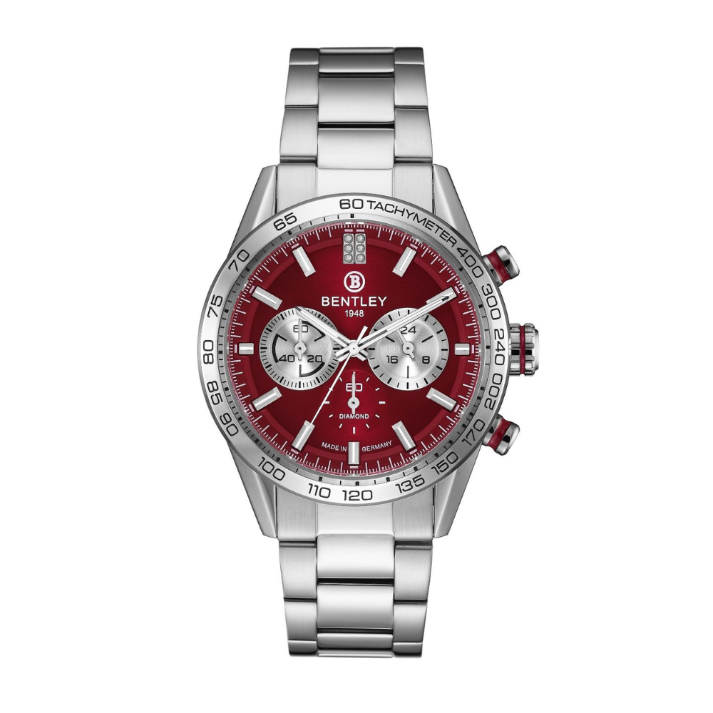 Maroon | Bentley watch with red face and silver bracelet on a white background
Salam Luxury
