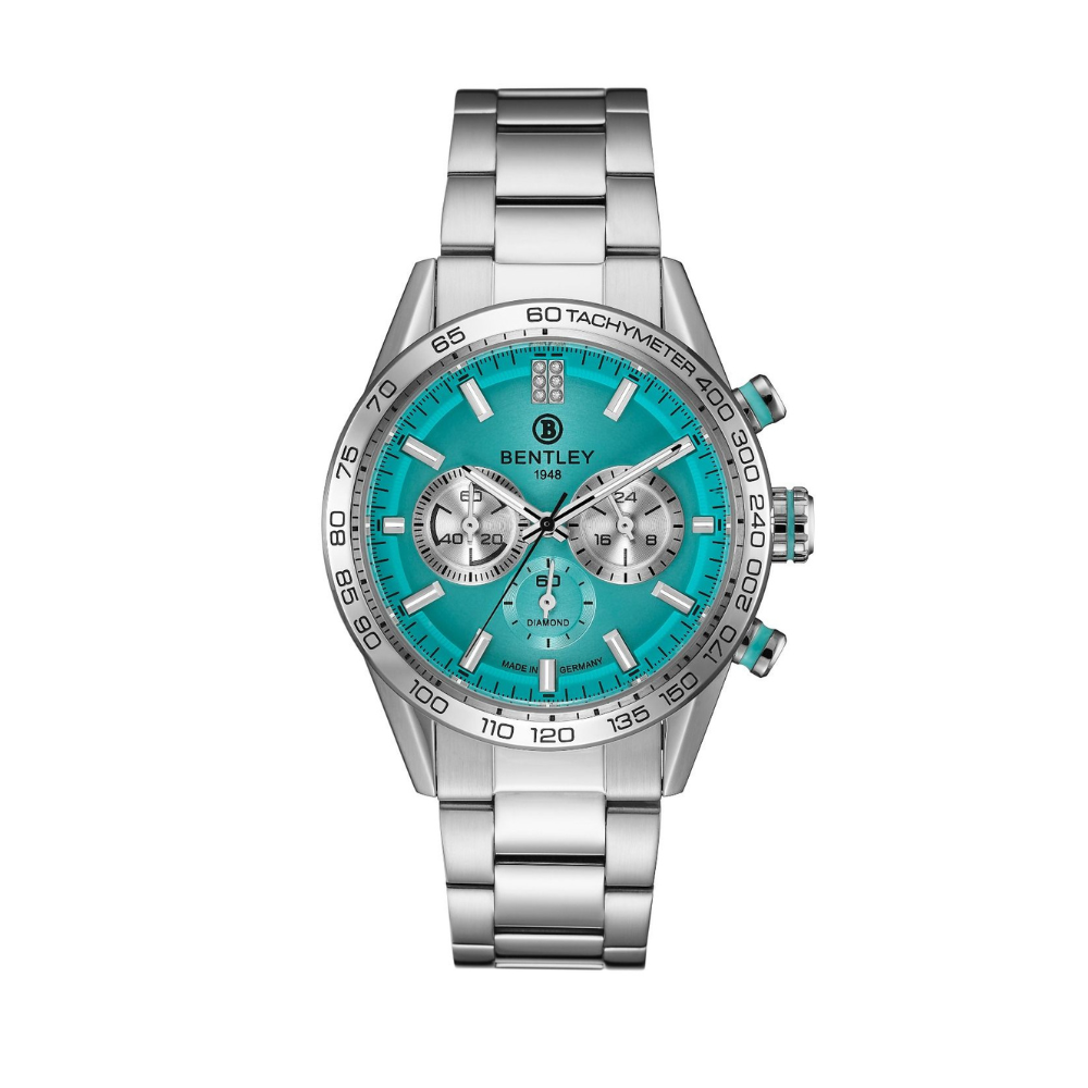 Tiffany | Silver and turquoise watch with Bentley logo on a white background Salam Luxury