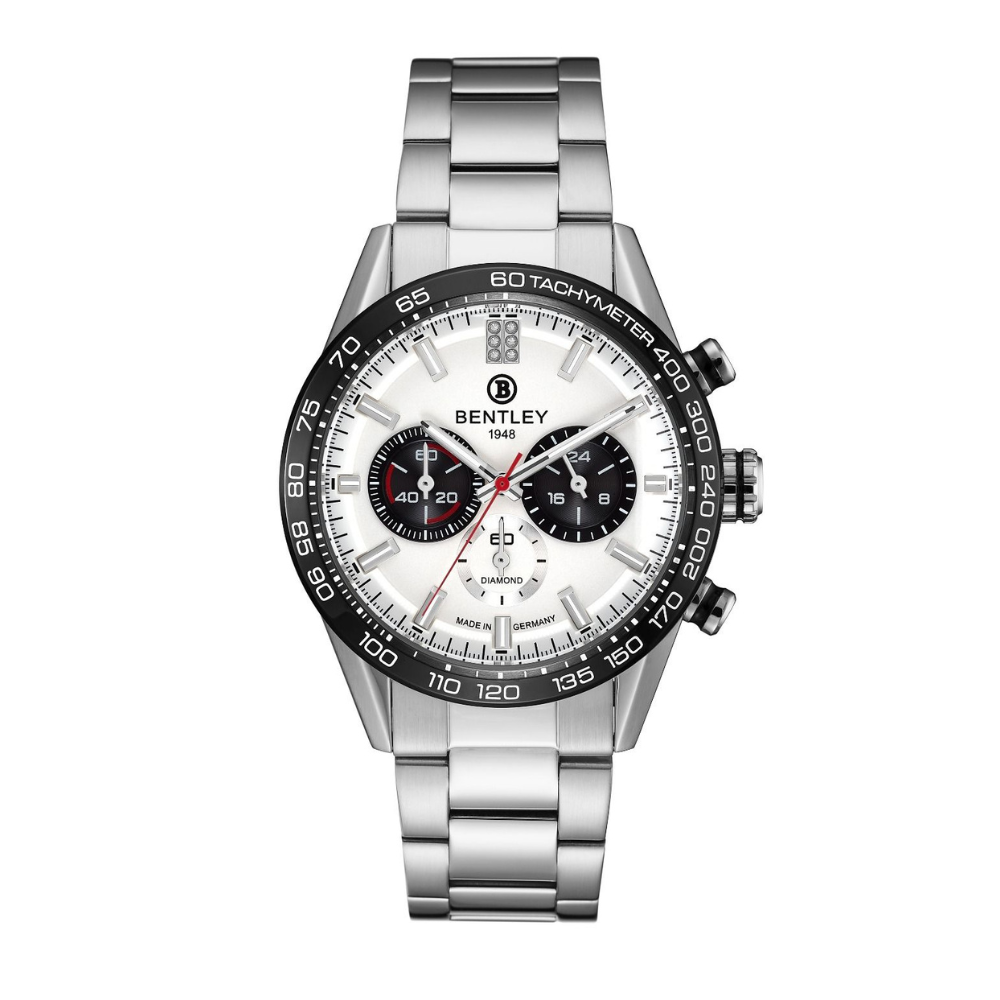 White | Silver Bentley watch with a white face on a white background 
Salam Luxury