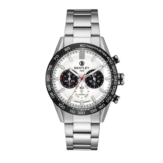 White | Silver Bentley watch with a white face on a white background 
Salam Luxury
