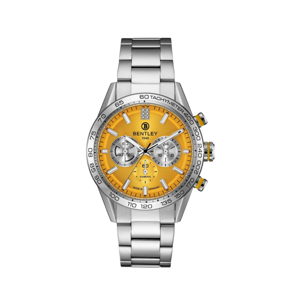 Yellow | Silver and yellow Bentley watch on a white background Salam Luxury