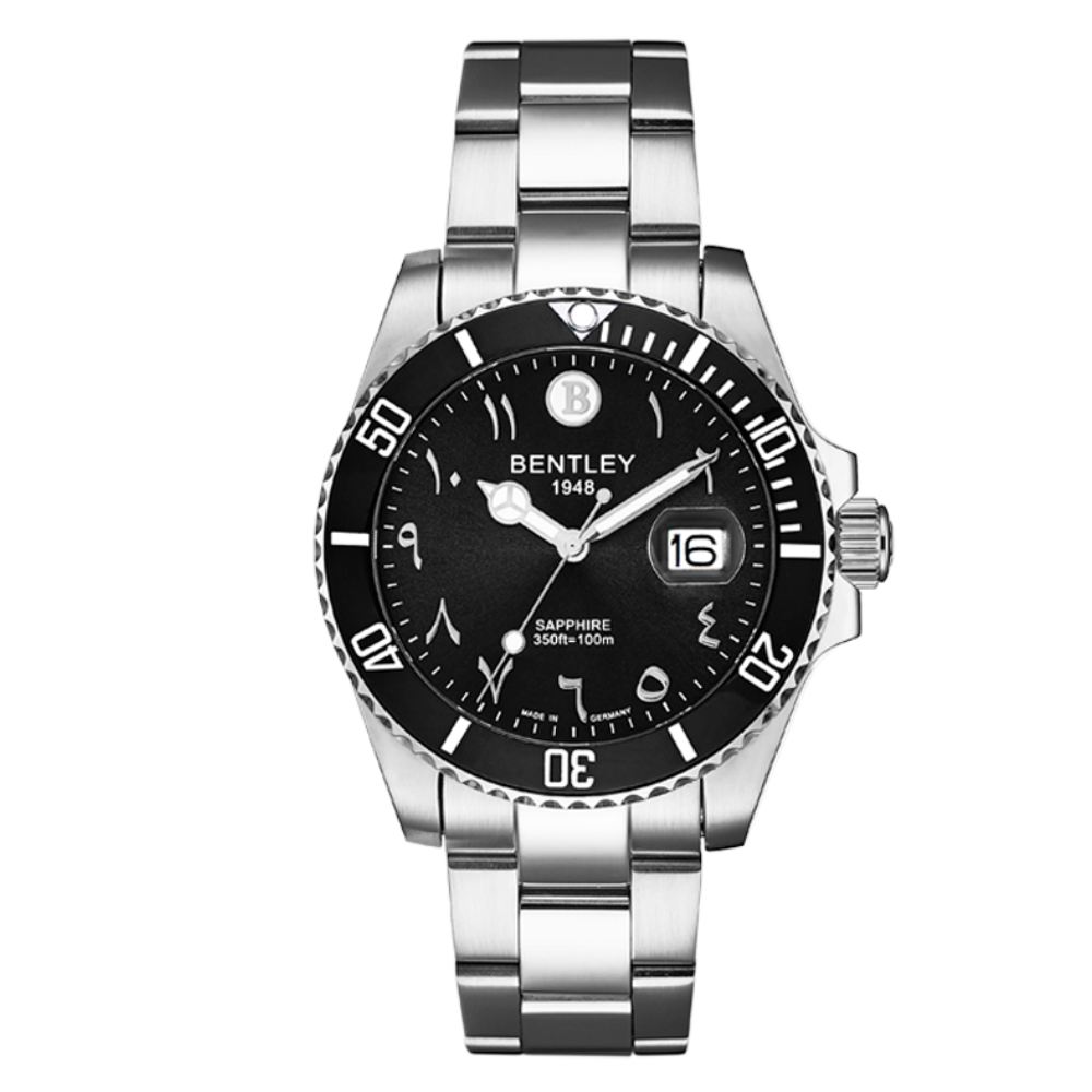 Black | Bentley watch with black dial and silver metal strap on a white background
Salam Luxury