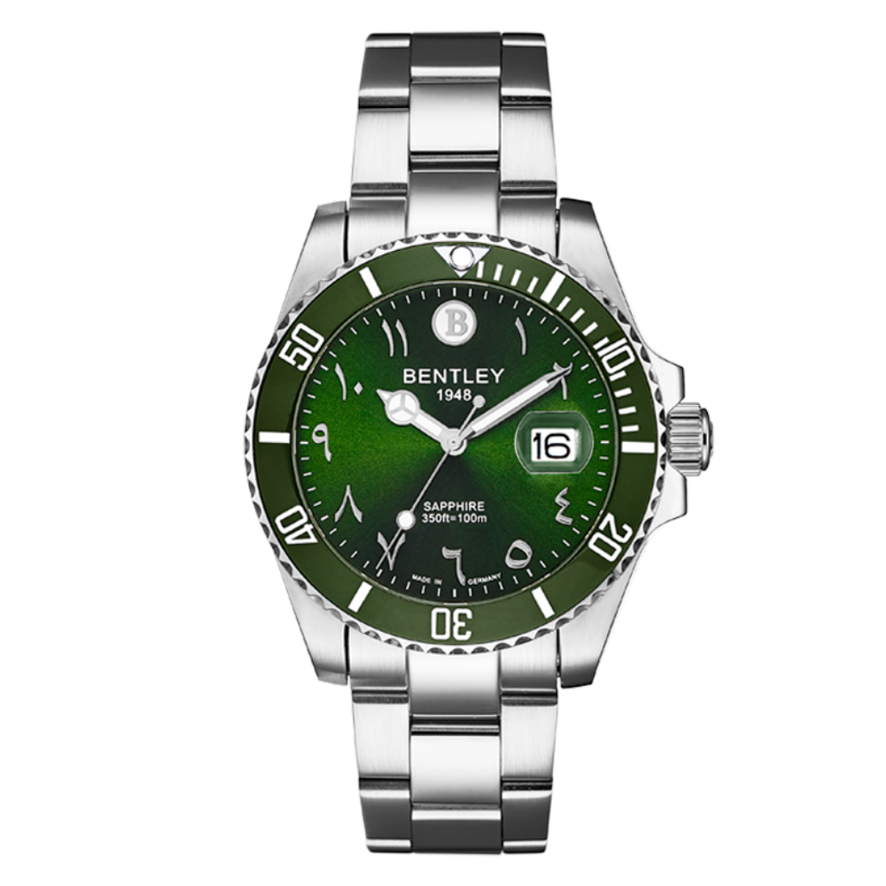 Green | watch with silver bracelet on a white background
Salam Luxury