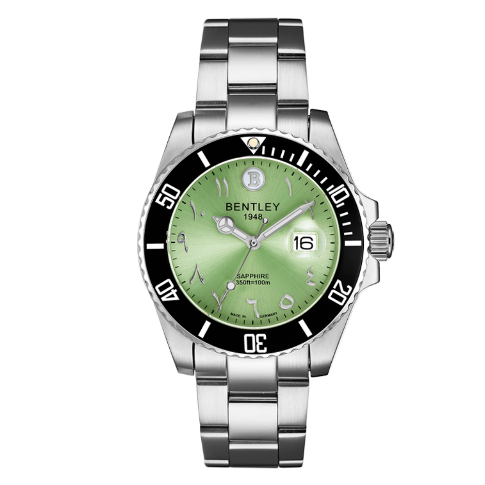 Parrot Green | Silver watch with a green face on a white background
Salam Luxury