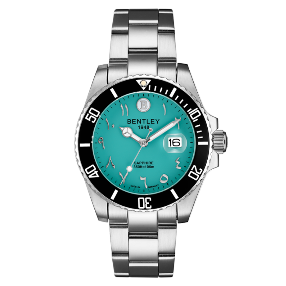 Tiffany | Bentley watch with turquoise dial and silver bracelet on white background
Salam Luxury
