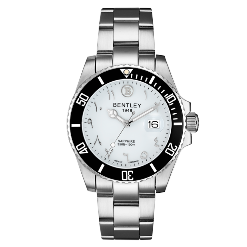 White | Bentley watch with silver bracelet and black and white face on a white background