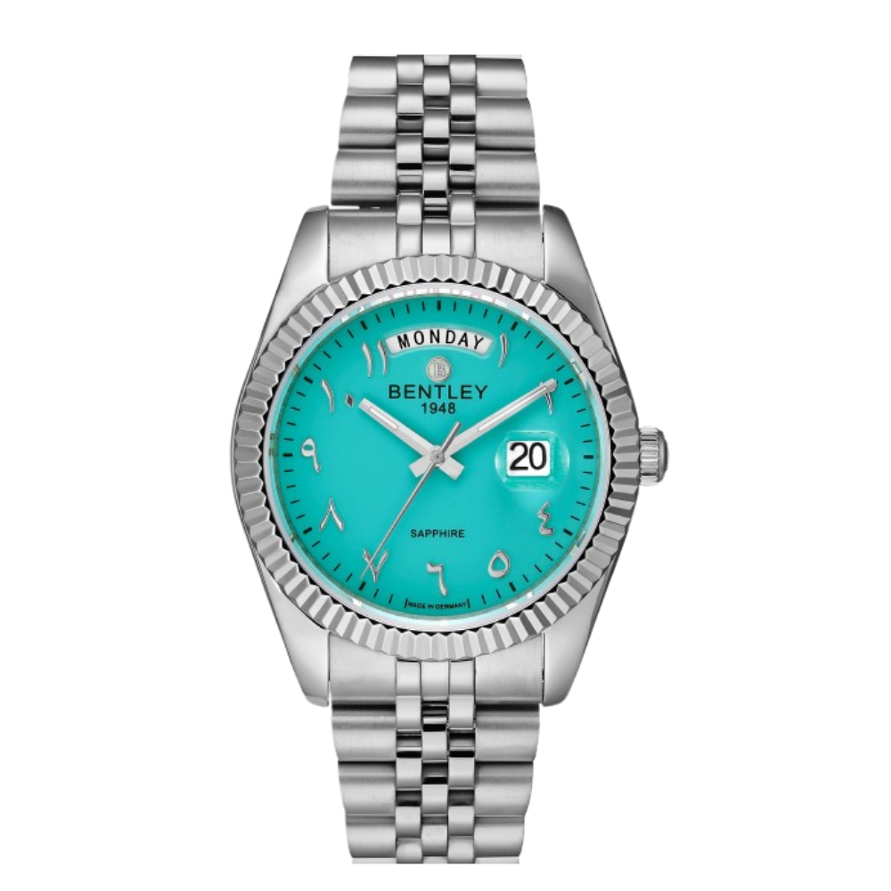 Tiffany | Silver watch with a turquoise dial on a white background