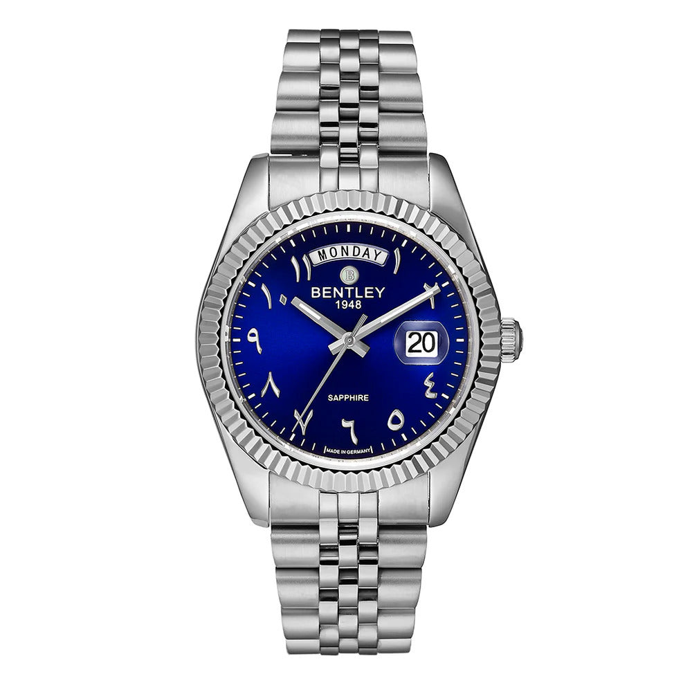 Blue | Silver watch with a blue dial on a white background
Salam Luxury