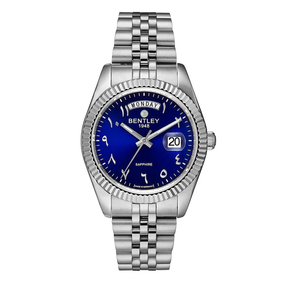 Blue | Silver watch with a blue dial on a white background
Salam Luxury