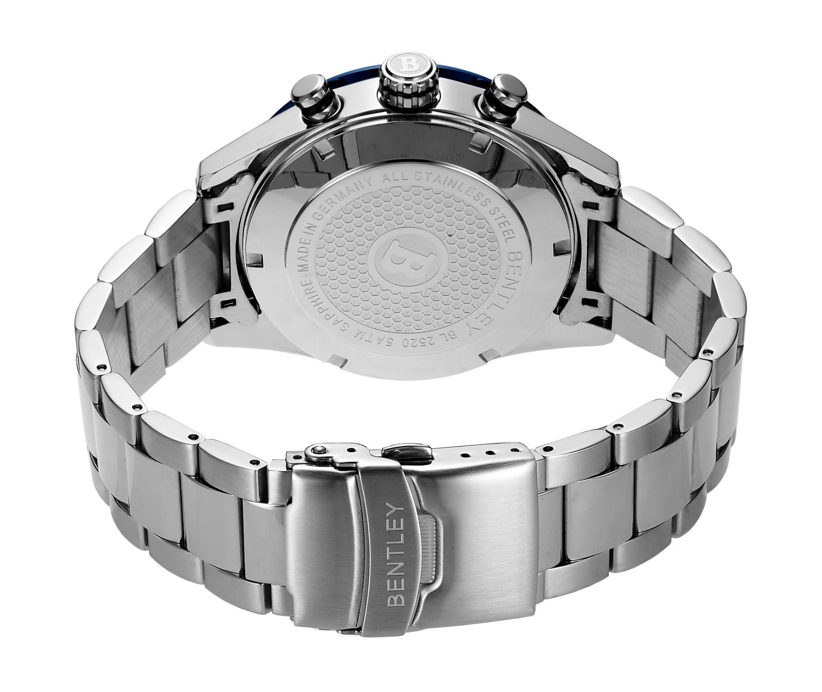 White | Silver Bentley watch with metal band on a white background