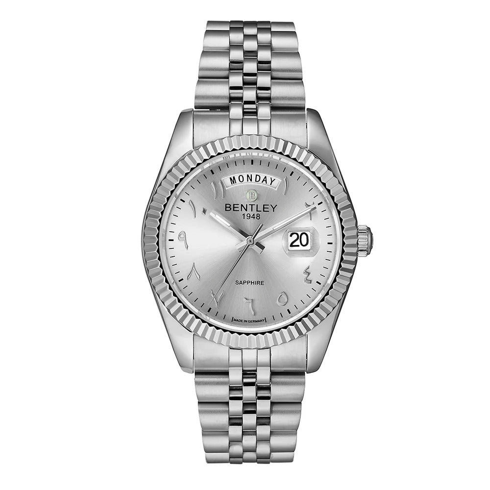 Silver | Silver Bentley watch with a white face on a white background