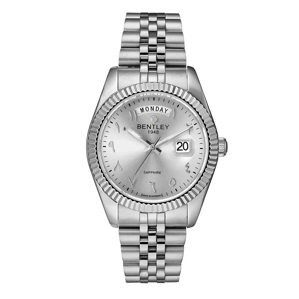 Silver | Silver Bentley watch with a white face on a white background