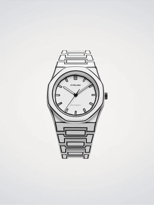 Silver watch with a white face on a light gray background
Salam Luxury