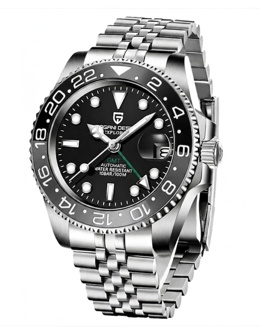 Silver wristwatch with black dial on a white background
Salam Luxury