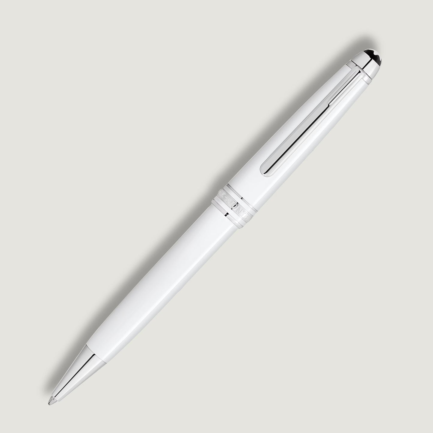 Premium Montblanc Meisterstück style white solitaire ballpoint pen displayed diagonally, online at Salam Luxury.