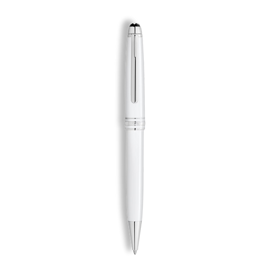 Elegant Montblanc luxury white precious resin ballpoint pen with platinum-coated details, available at Salam Luxury.