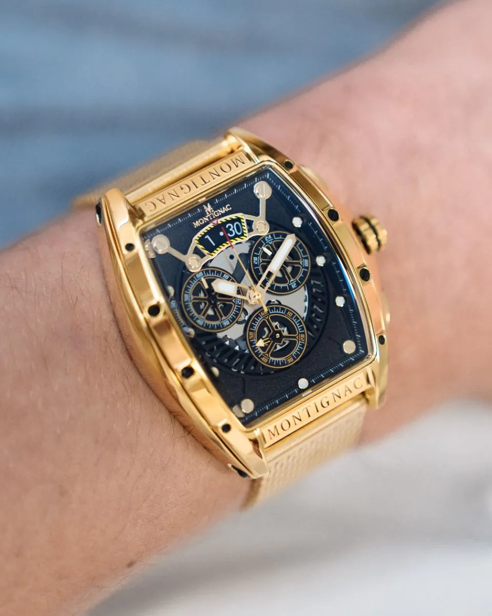 Gold | Montignac MOW1212 Gold Chronograph Watch with Black Skeleton Dial Wrist Shot