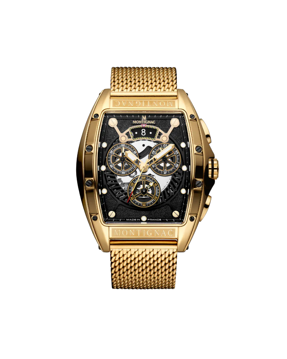 Gold | Montignac MOW1212 Men's Chronograph Watch with Gold Tonneau Case, Black Skeleton Dial, and Mesh Strap - Front View