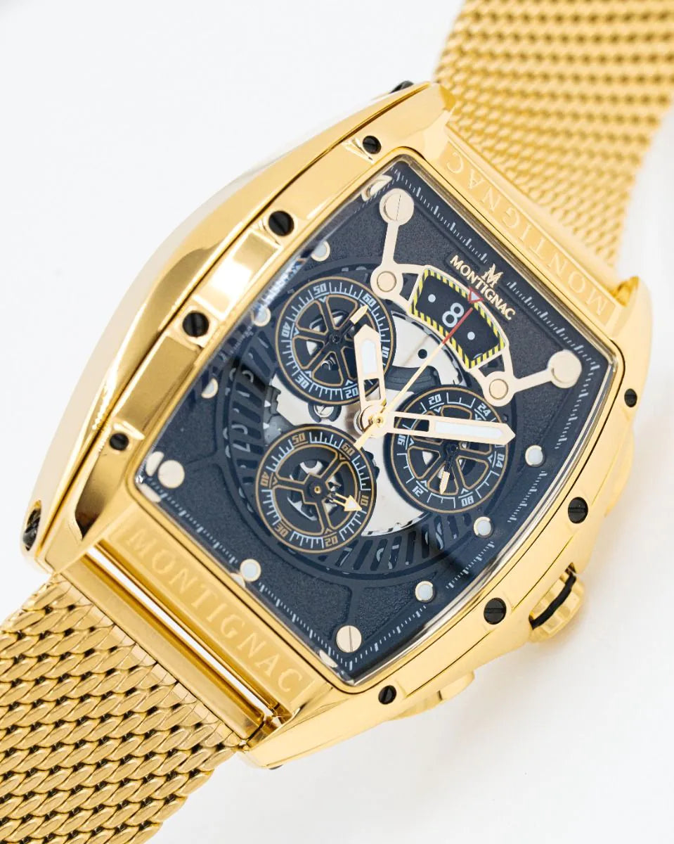 Gold | Montignac MOW1212 Gold Chronograph Watch Angled View Showing Gold Mesh Strap and Dial