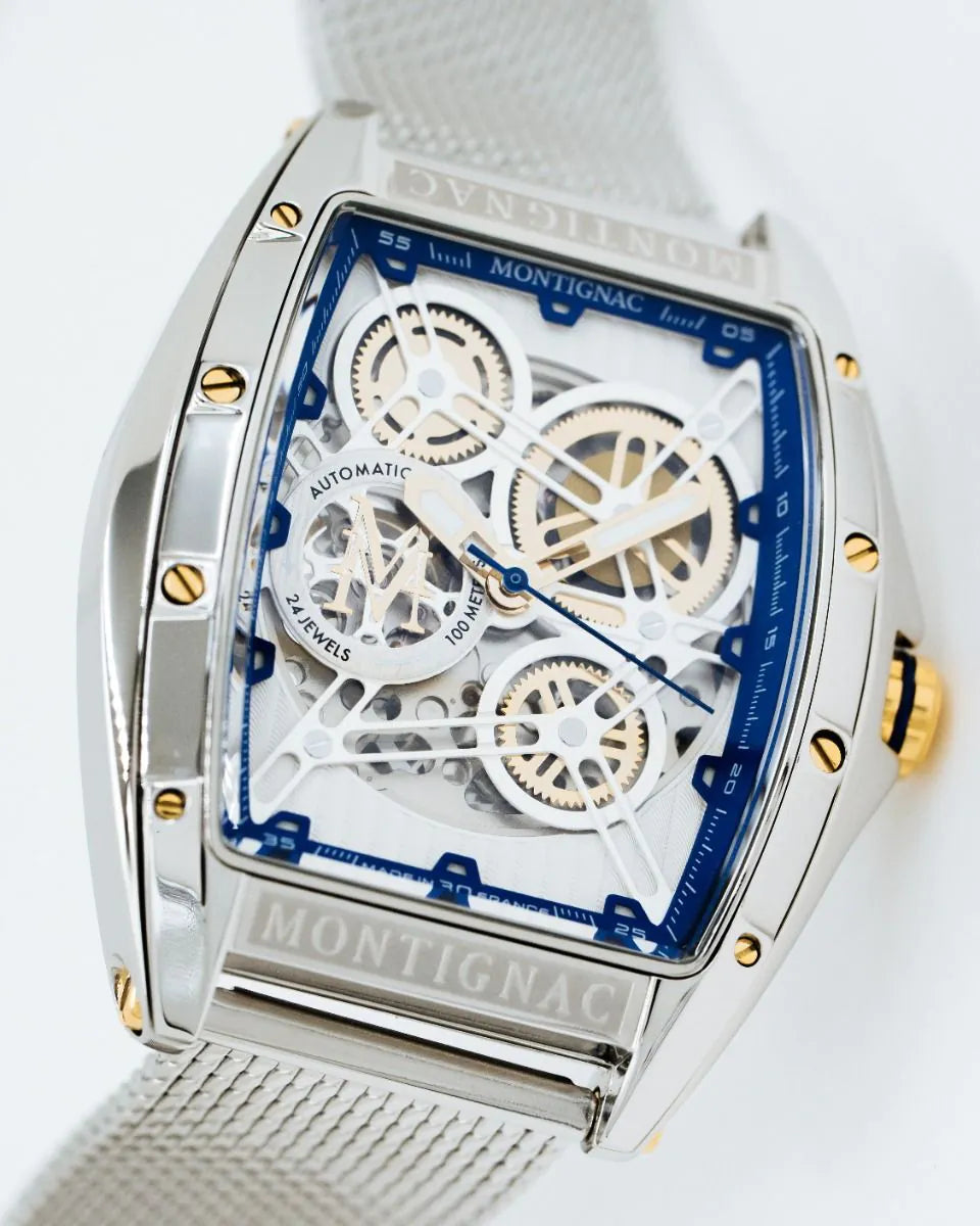 Silver | Montignac MOW1213 Silver Chronograph Watch Angled View Showing Blue Dial Details