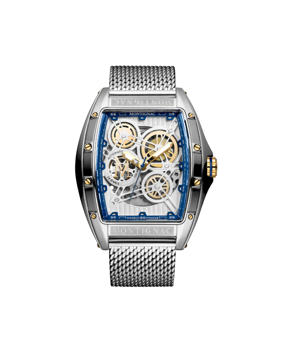 Silver | Montignac MOW1213 Men's Chronograph Watch with Silver Tonneau Case, Skeleton Blue Dial, and Mesh Strap - Front View