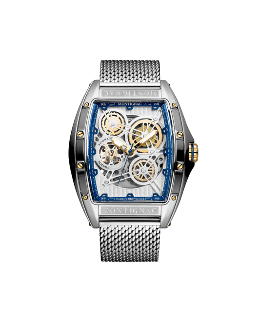 Silver | Montignac MOW1213 Men's Chronograph Watch with Silver Tonneau Case, Skeleton Blue Dial, and Mesh Strap - Front View