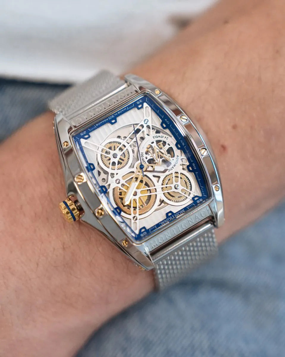 Silver | Montignac MOW1213 Silver Chronograph Watch with Blue Skeleton Dial Wrist Shot